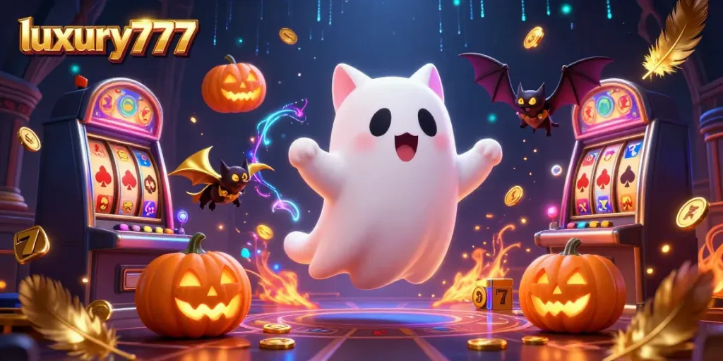 Engage in thrilling gameplay at luxury777 featuring a ghost cat and vampire bat in a vibrant casino scene.