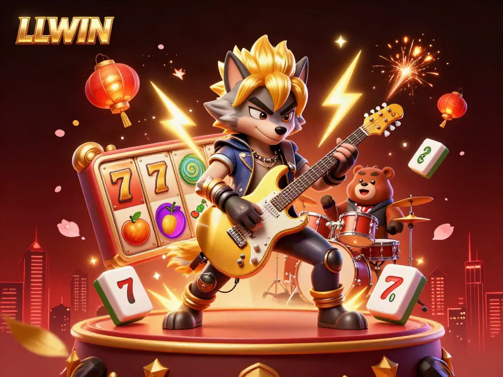 Experience LLWIN's vibrant casino atmosphere with a dynamic rock star wolf and drummer bear amidst lively slot reels and festive decor.