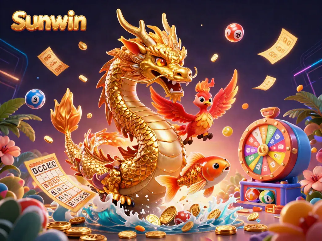 Engage in exciting gaming with Sunwin's vibrant scene featuring a dragon, phoenix, and lucky koi fish.