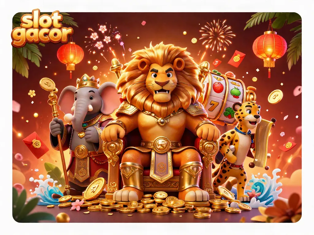 Engage with slot gacor gameplay in a vibrant 3D casino world featuring a lion king, wise elephant, and swift cheetah.