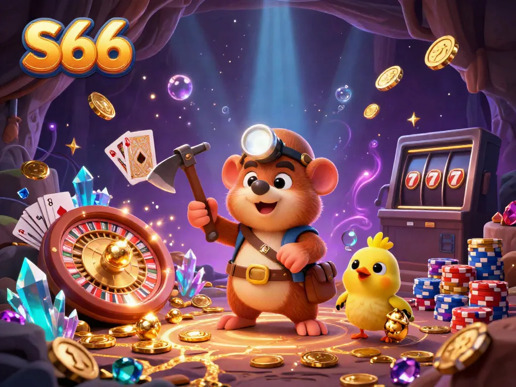 S666 offers an exciting gambling adventure with a treasure hunter mole and sparkling gems in a vibrant illustration.
