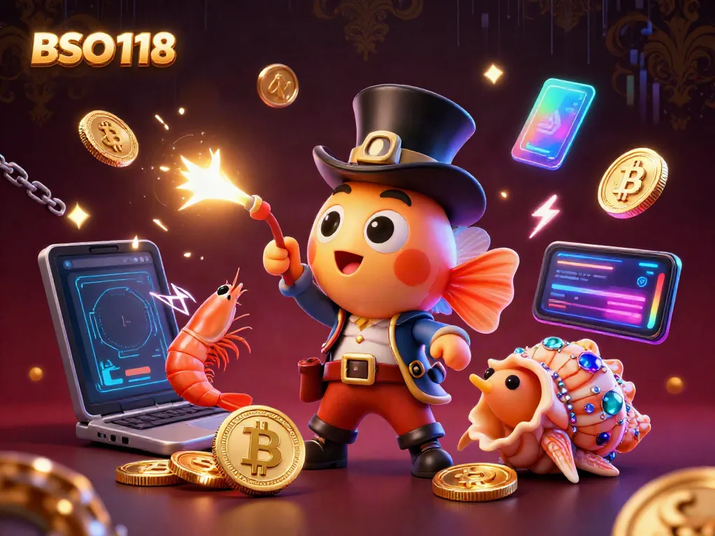 Engage with BSO118's exciting gaming scene featuring glowing coins and vibrant 3D characters.