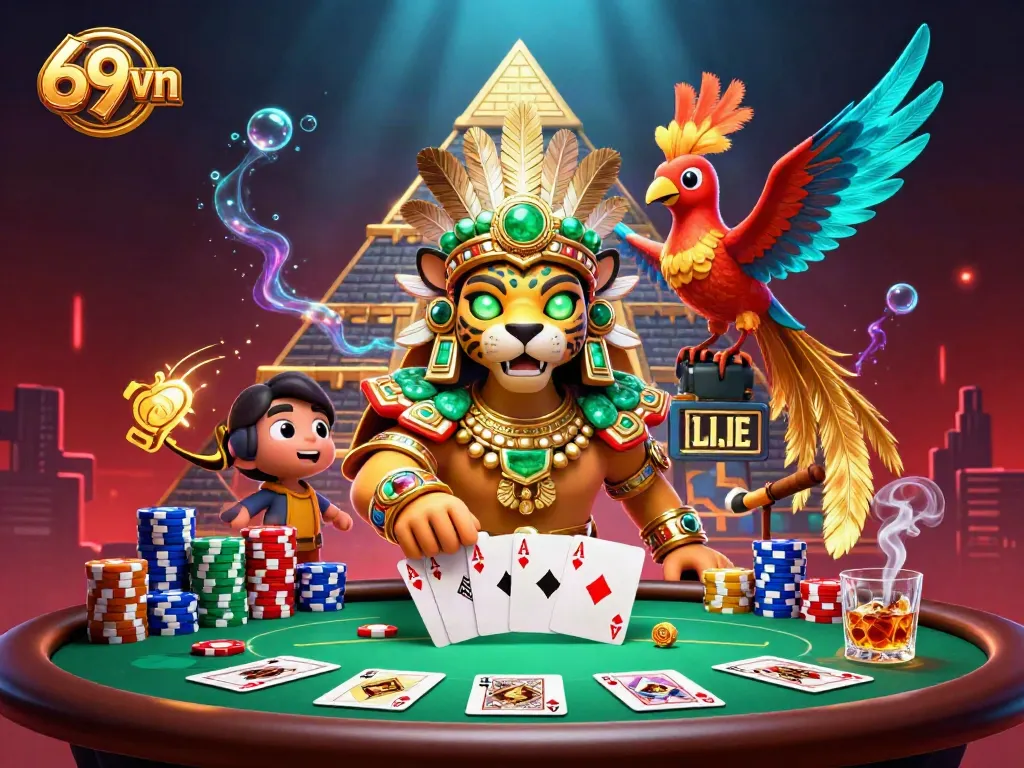 Experience vibrant casino excitement with 69vn as a Mayan jaguar priest and friends enjoy high-stakes poker.