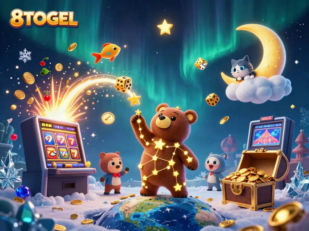 Menggali koin di 8TOGEL dalam ilustrasi 3D penuh warna dengan slot mesin, kucing bulan sabit, dan teman-teman ikan bintang.