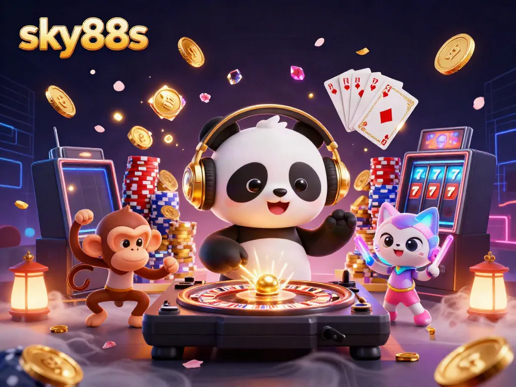 Experience thrilling gaming action with sky88s in a vibrant 3D casino scene featuring lively characters and dynamic elements.