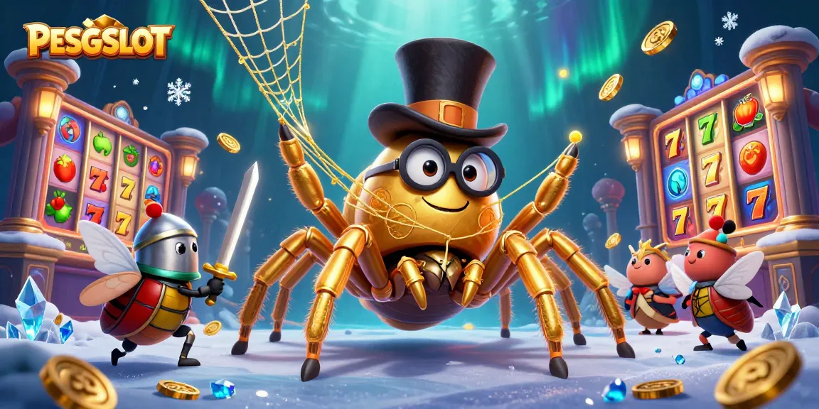 PESGSLOT offers an exciting scene with a golden tarantula and a beetle knight amidst vibrant casino elements.