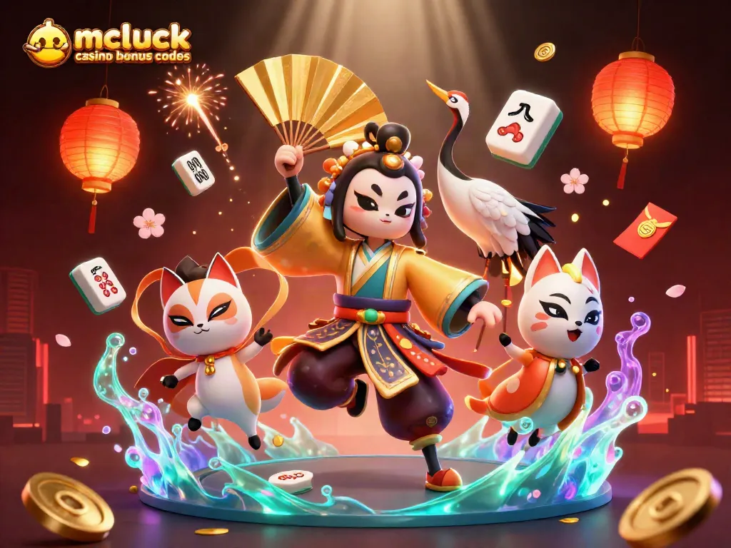 Spin winnings with mcluck casino bonus codes and vibrant 3D characters in a dynamic casino scene.
