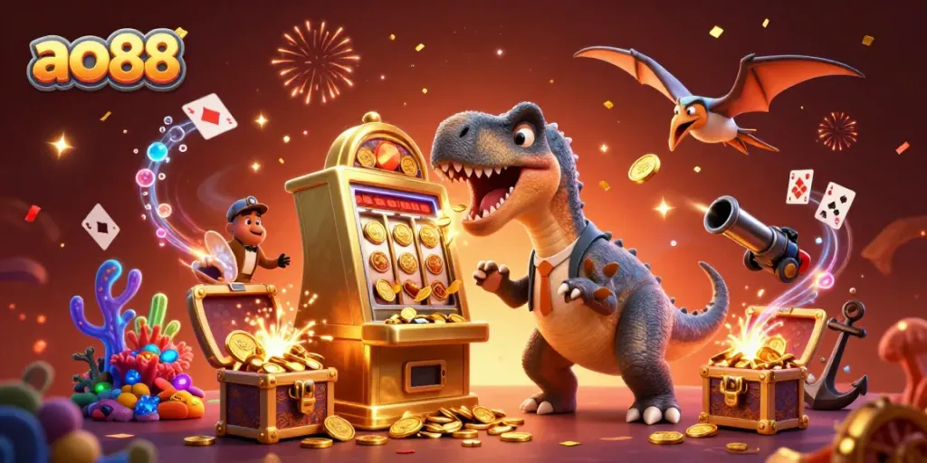 Engage in exciting jackpot action at ao88 with a playful pachycephalosaurus and dynamic casino elements.