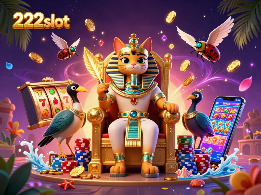 Mainkan 222slot dengan slot mesin yang menampilkan simbol keberuntungan dan tumpukan chip berwarna-warni.