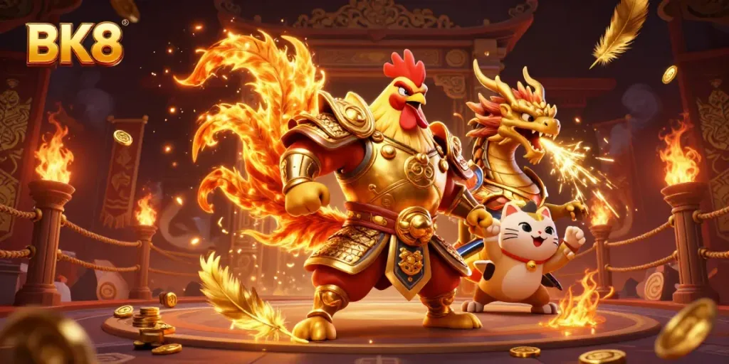 Engage in thrilling gameplay with BK8's dynamic 3D illustration featuring a warrior rooster, dragon, and fortune cat.