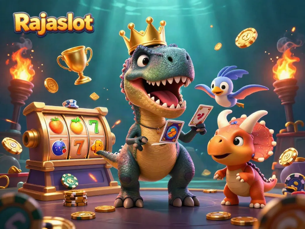 Rajaslot menampilkan karakter unik bermain slot dan tumpukan chip emas untuk kemenangan besar.
