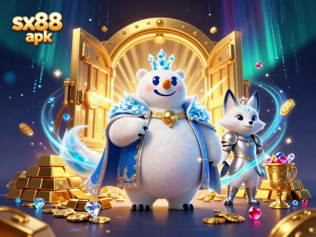 Engage in thrilling gaming adventures with SX88 APK featuring an ice king and a fox surrounded by treasures.