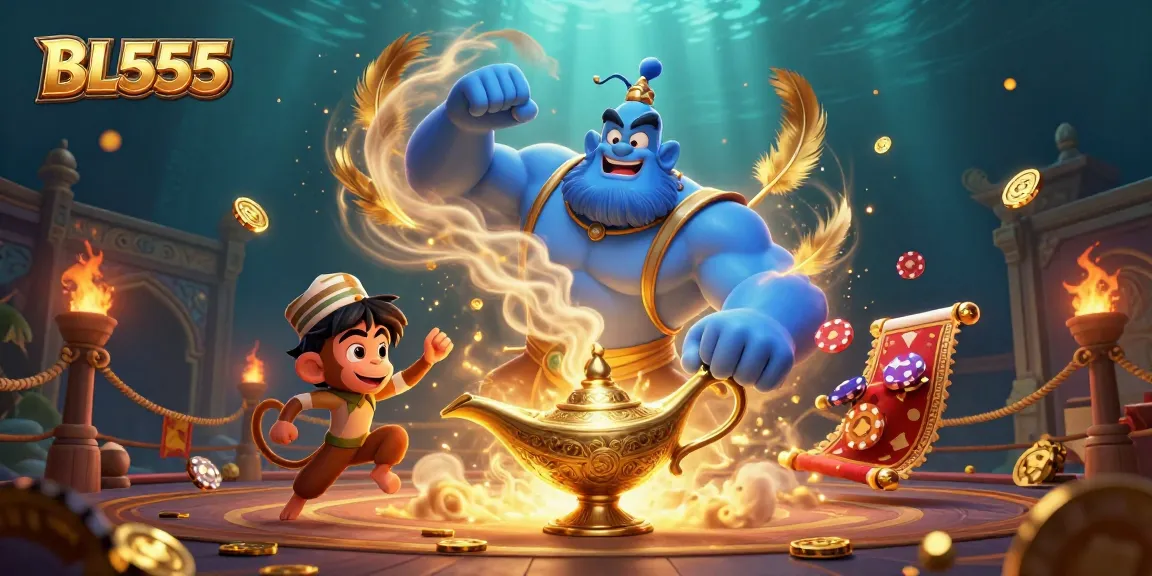 Engage in thrilling gameplay at BL555 with vibrant scenes of a genie and money-filled magic carpet.