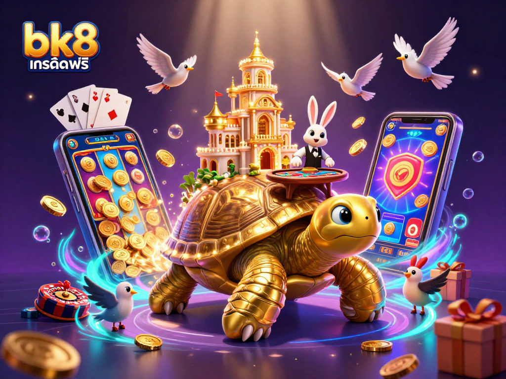 Win exciting bk8 เครดิตฟรี by playing vibrant casino games with a tortoise-themed illustration.
