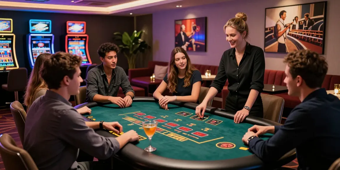 Exciting scene of friends playing at uk credit card casinos with vibrant atmosphere and gaming tables.