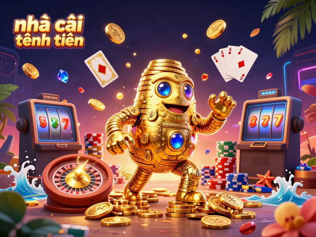 Experience the excitement with nhà cái tặng tiền featuring a golden golem, sparkling gems, and casino elements.