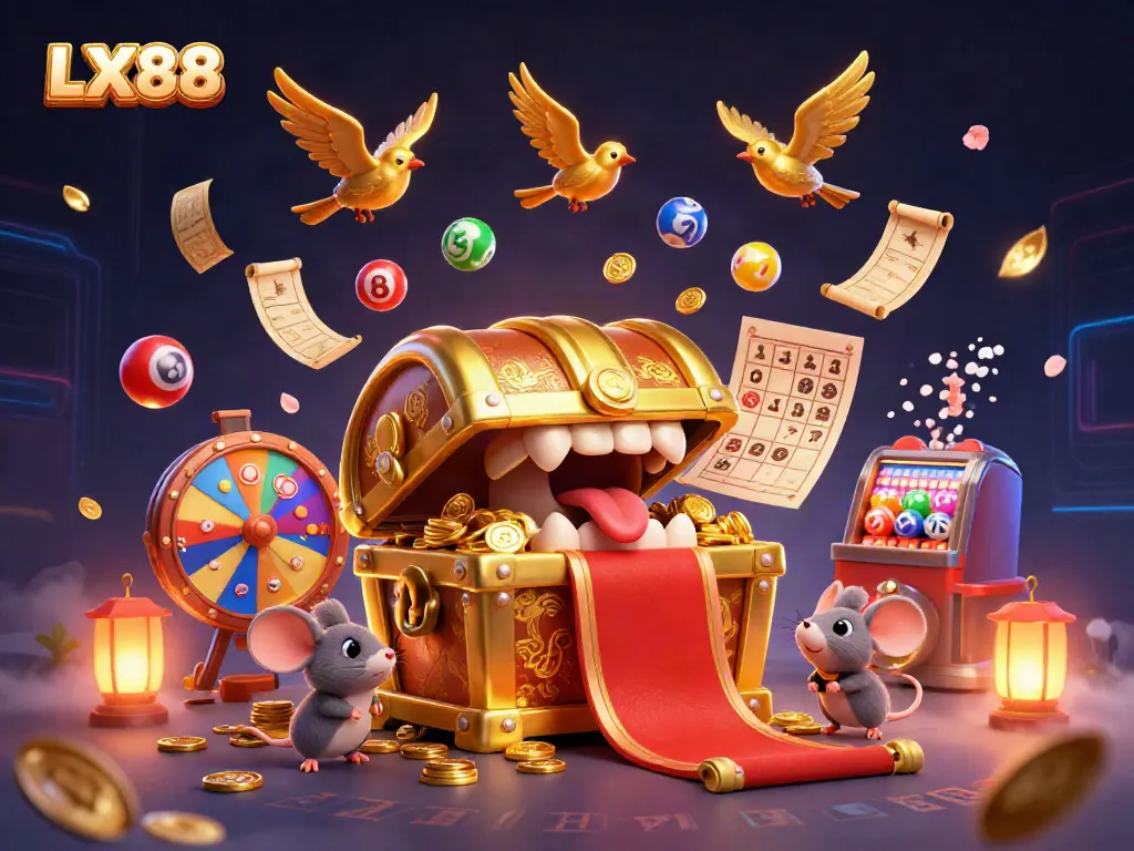 Experience the excitement of LX88 as animated characters interact with colorful lottery elements in a vibrant casino scene.