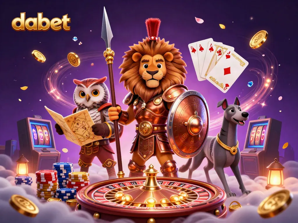 Experience thrilling casino elements with dabet, featuring a Spartan lion, owl strategist, and greyhound messenger amidst golden coins and gems.