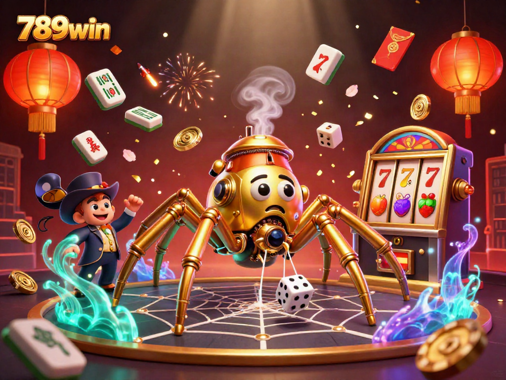 Engage with the vibrant energy of 789win through a dynamic 3D casino scene featuring steampunk elements and game symbols.