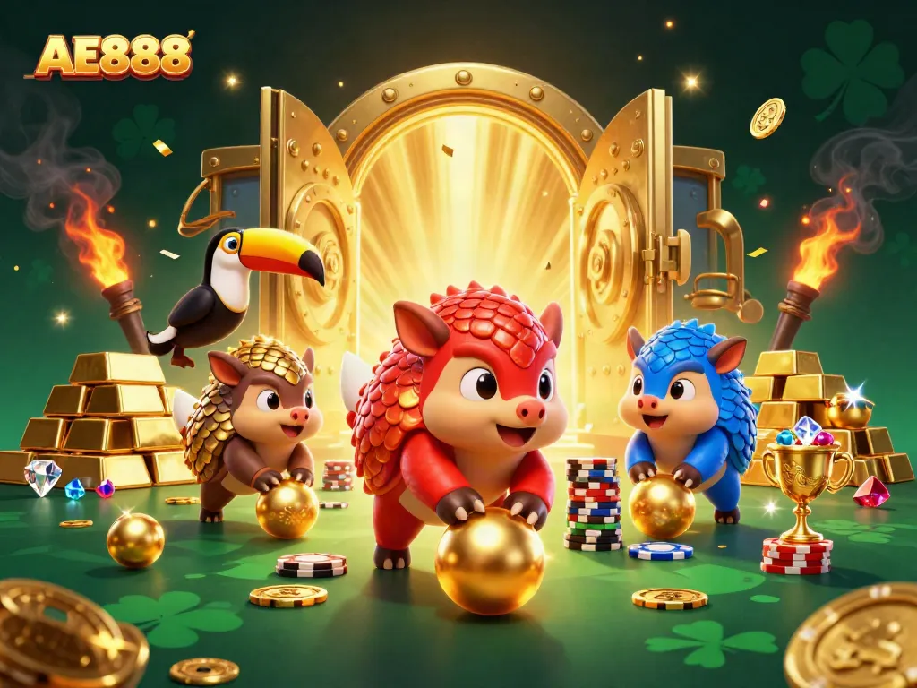 Experience the thrill of AE888 with rival pangolins bowling through golden poker chips in a vibrant casino scene.