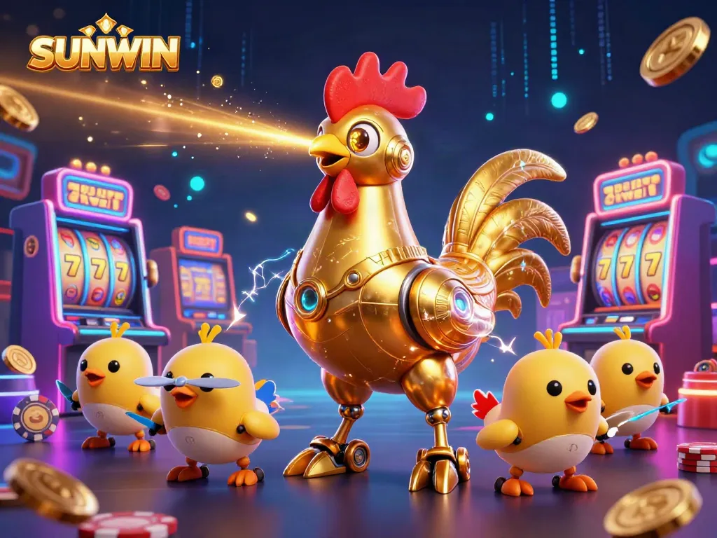 SUNWIN showcases a vibrant gaming scene with a golden rooster robot and baby chick drones, surrounded by slot machines and casino elements.