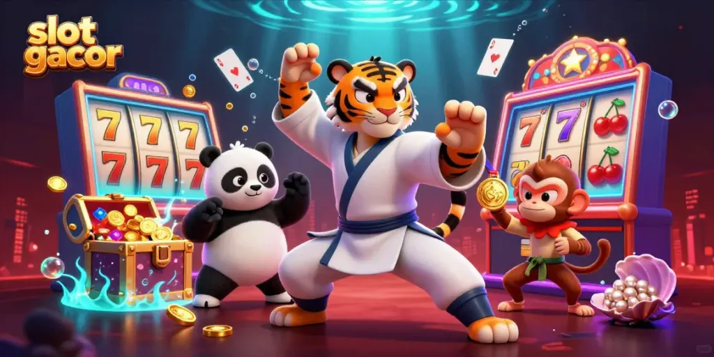 Engage with slot gacor adventures as a kung fu tiger and friends explore vibrant casino elements.