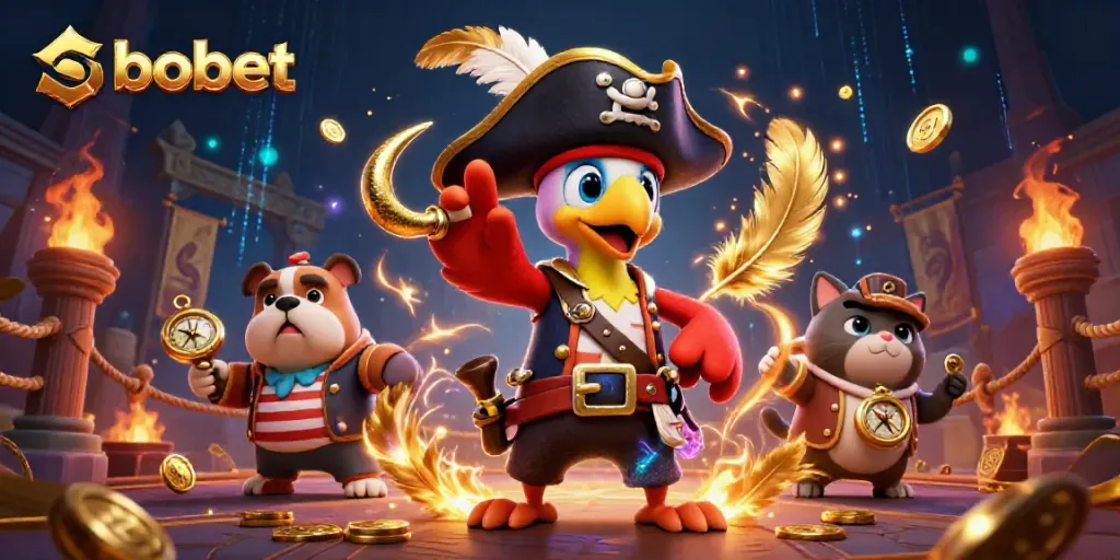 Engage with sbobet's vibrant pirate-themed betting scene featuring animated characters and casino elements.