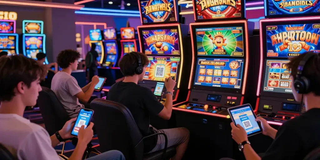 Exciting slot gaming scene with diverse players using devices and QRIS payments in a vibrant virtual casino.